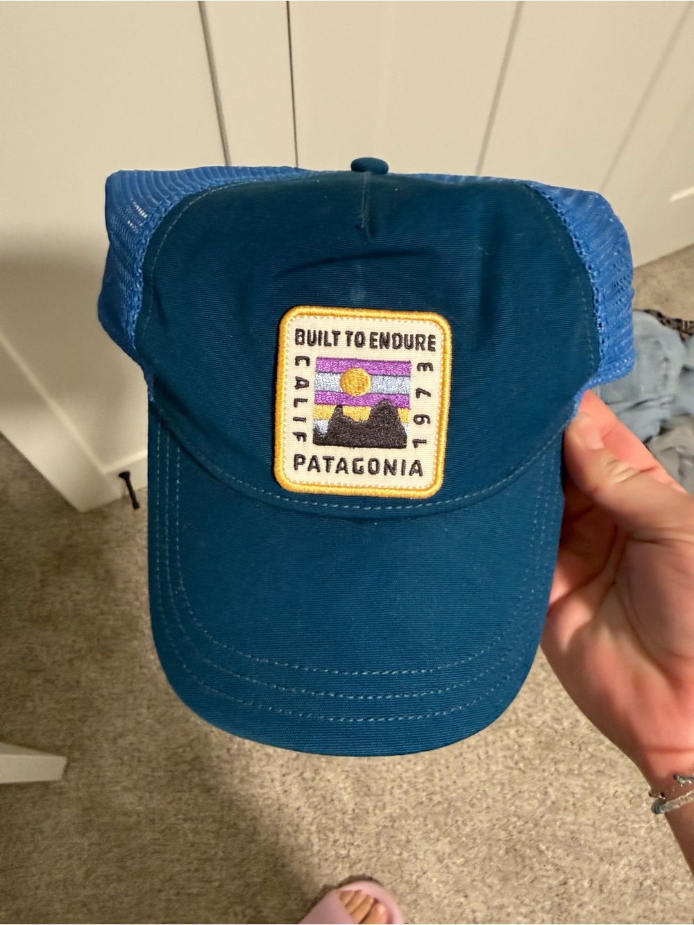 Patagonia Teal and Blue Trucker Hat with Built to Endure Patch